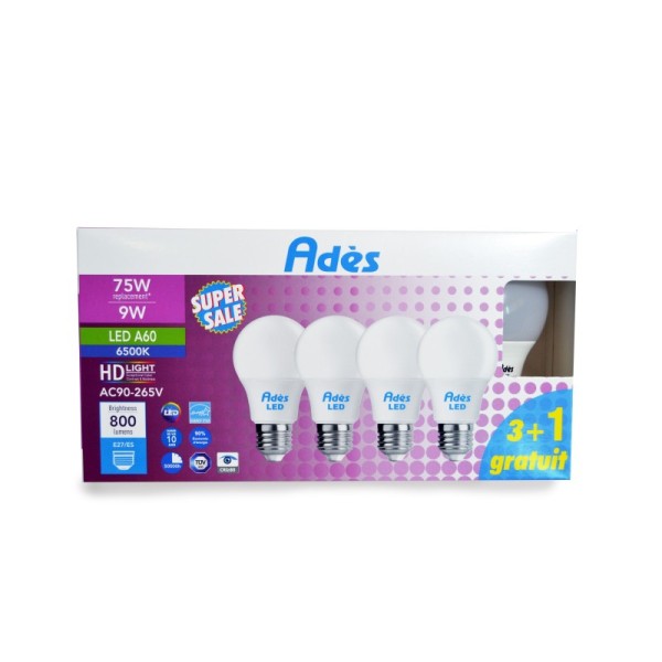 PACK DE 3 LAMPES LED A60 DOUILLE E27/9W/6500K AVEC 1 GRATUITE LUMIERE BLANCHE ADES