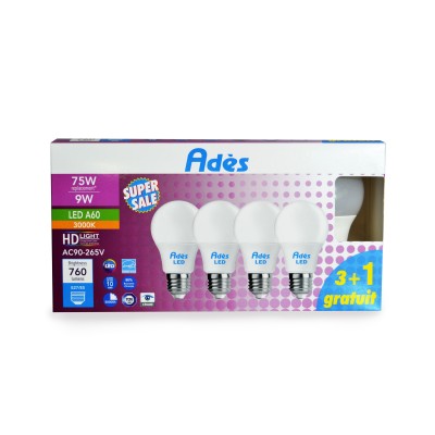 PACK DE 3 AMPOULE LED A60 DOUILLE E27 9W 3000K AVEC 1 GRATUITE ADES ADES - 1