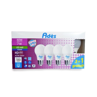 PACK DE 3 AMPOULE LED A60 DOUILLE E27 7W 6500K AVEC 1 GRATUITE ADES ADES - 1
