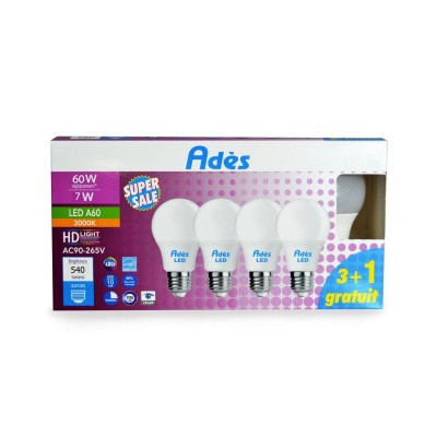 PACK DE 3  AMPOULE LED A60 DOUILLE E27 7W 3000K AVEC 1 GRATUITE ADES ADES - 1
