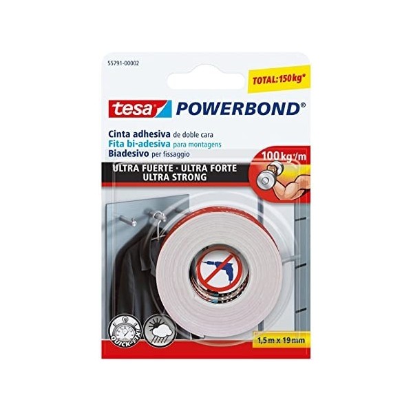 ADHÉSIF DOUBLE FACE ULTRA FORT POWERBOND 19MMx1,5M TESA