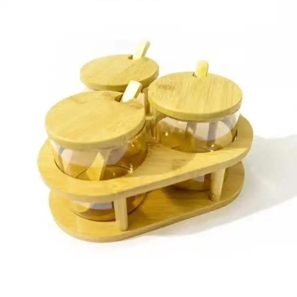 LOT DE 3 POTS À ÉPICES AVEC SUPPORT ET 3 CUILLÈRES EN BAMBOU