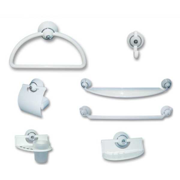 ENSEMBLE DE 7 ACCESSOIRES DE SALLE DE BAIN BLANC CHROMÉ LUX-PLAST