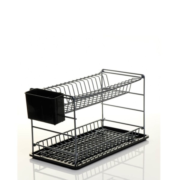 ÉGOUTTOIR À VAISSELLE PORTABLE À DEUX NIVEAUX GRIS AVEC PLATEAU NOIR (50 CM) ZENSAN