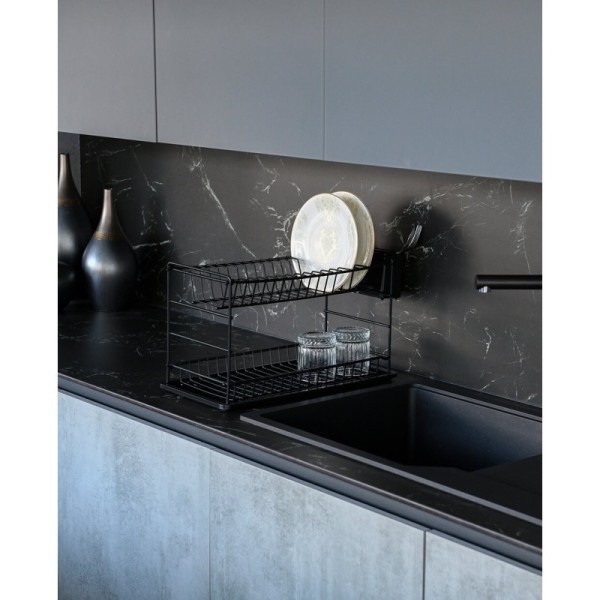 ÉGOUTTOIR À VAISSELLE PORTABLE À DEUX NIVEAUX NOIR AVEC PLATEAU NOIR (50 CM) ZENSAN