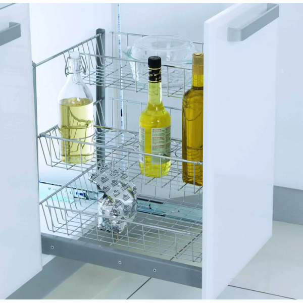 KIT DE 3 PANIERS ET UN PORTE BOUTEILLE CHROMÉ 30CM STARAX