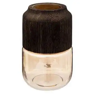 VASE EN VERRE FUMÉ ET BOIS 23*11CM - 1