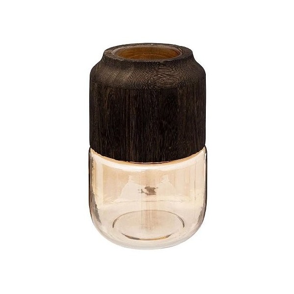 VASE EN VERRE FUMÉ ET BOIS 23*11CM