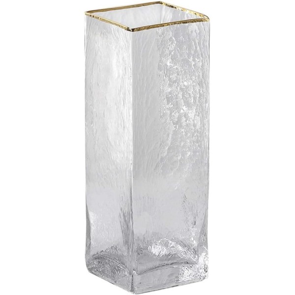 VASE CARRÉ EN VERRE H25 CM AVEC BORDURE DORÉE