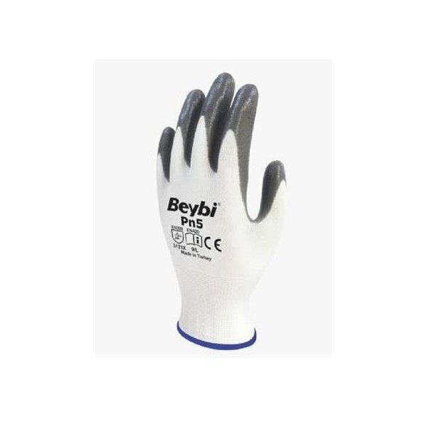GANT DE PROTECTION POLYAMIDE BLANC ENDUIT MOUSSE NITRILE GRIS TAILLE L BEYBI