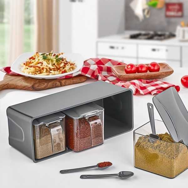 LOT DE 3 BOÎTES À ÉPICES AVEC CUILLÈRE ET SUPPORT QLUX