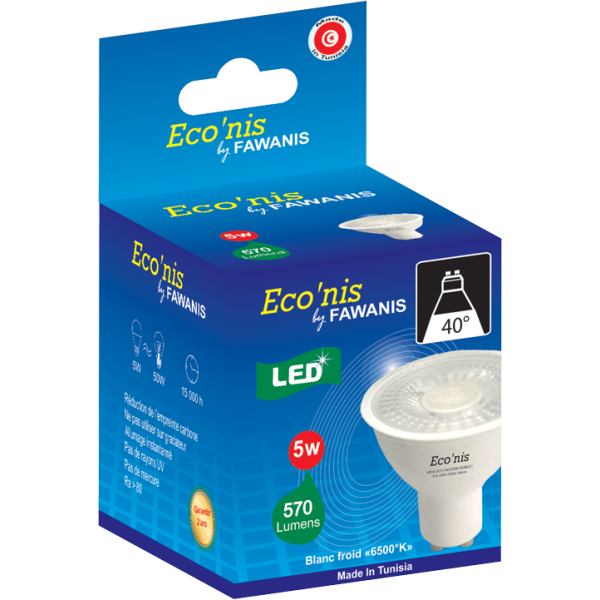 LAMPE SPOT LED GU10 5W LUMIÈRE BLANCHE ECO’NIS FAWANIS