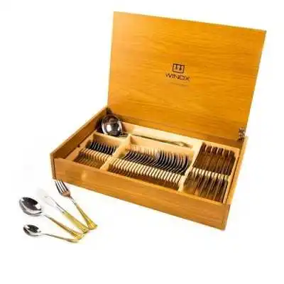 COFFRET EN BOIS DE 49 COUVERTS DE TABLE AMBRE GOLD WINOX WINOX - 1