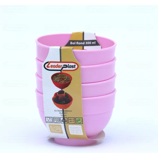 LOT DE 4 BOLS RONDS EN PLASTIQUE 300 ML COULEURS LEADERPLAST