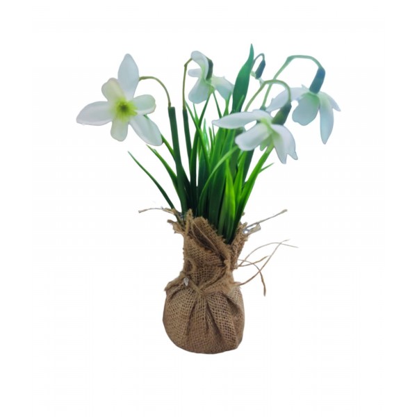 MINI PLANTE ARTIFICIELLE AVEC FLEURS BLANCHES POT EN JUTE 6*6*22CM  - 1