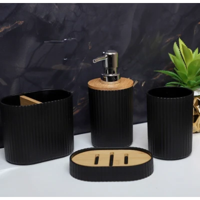 ENSEMBLE DE 4 ACCESSOIRES DE SALLE DE BAIN EN PLASTIQUE ET BOIS - 1