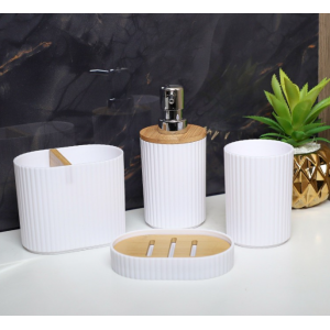 ENSEMBLE DE 4 ACCESSOIRES DE SALLE DE BAIN EN PLASTIQUE ET BOIS  - 2