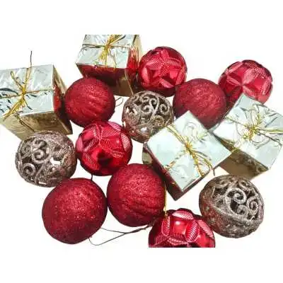 LOT DE 16 BOULES DE NOEL COLORÉES ROUGE ET DORÉ - 1
