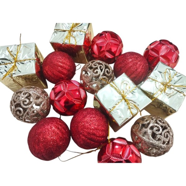 LOT DE 16 BOULES DE NOEL COLORÉES ROUGE ET DORÉ