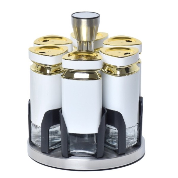 SET DE 6 PORTES À ÉPICES EN VERRE BLANC AVEC SUPPORT