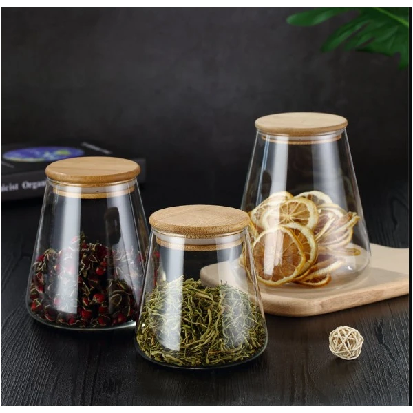 LOT DE 3 BOCAUX EN VERRE AVEC COUVERCLE EN BOIS DELI