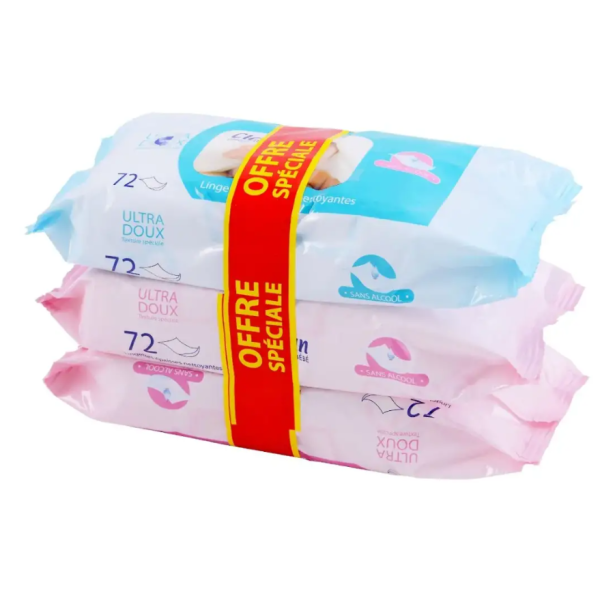 LOT DE 3 PAQUETS DE 72 LINGETTES BEBE CLEAN LILAS