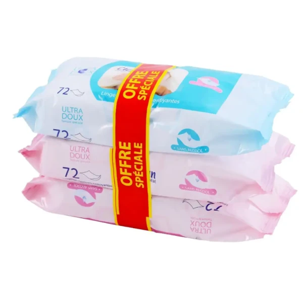 LOT DE 3 PAQUETS DE 72 LINGETTES BEBE CLEAN LILAS