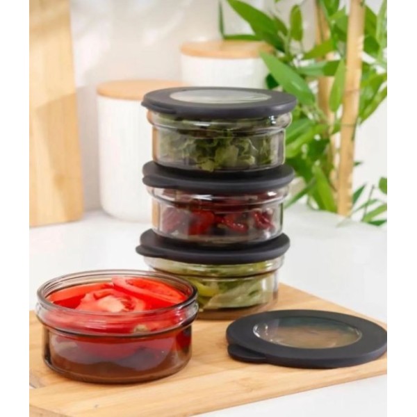 BOÎTE DE CONSERVATION EN VERRE FUMÉ NOIR 415ML AVEC COUVERCLE EN SILICONE QLUX