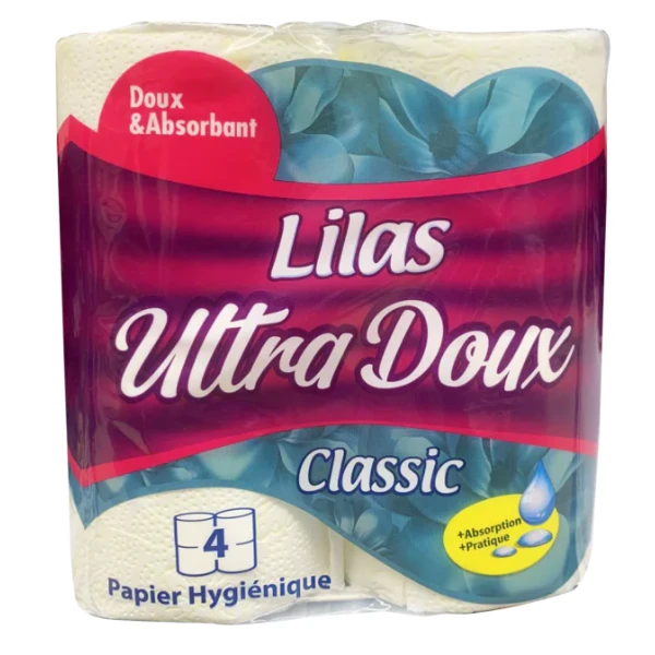 LOT DE 4 ROULEAUX DE PAPIER HYGIENIQUE ULTRA DOUX LILAS