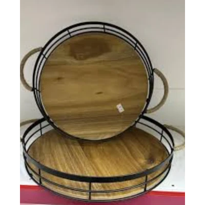 SET DE 2 PLATEAUX BOIS ET METAL ROND  - 1