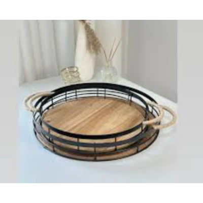 SET DE 2 PLATEAUX BOIS ET METAL ROND - 2