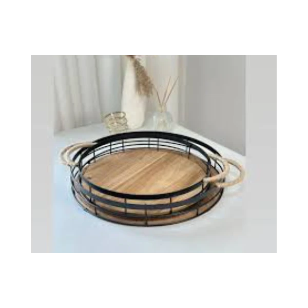 SET DE 2 PLATEAUX BOIS ET METAL ROND