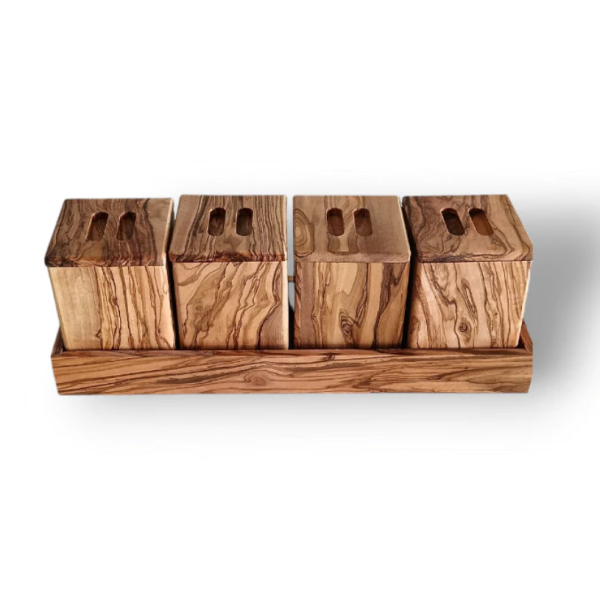 SET DE 4 PORTES ÉPICES AVEC SUPPORT EN BOIS D'OLIVIER KOW