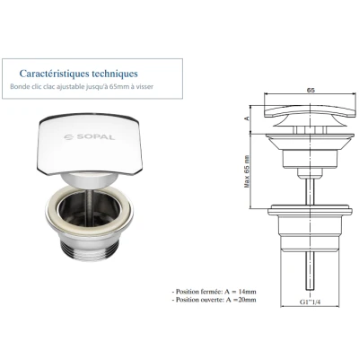 BONDE DE LAVABO CLIC CLAC CARRÉE EN LAITON CHROMÉ SOPAL SOPAL - 2
