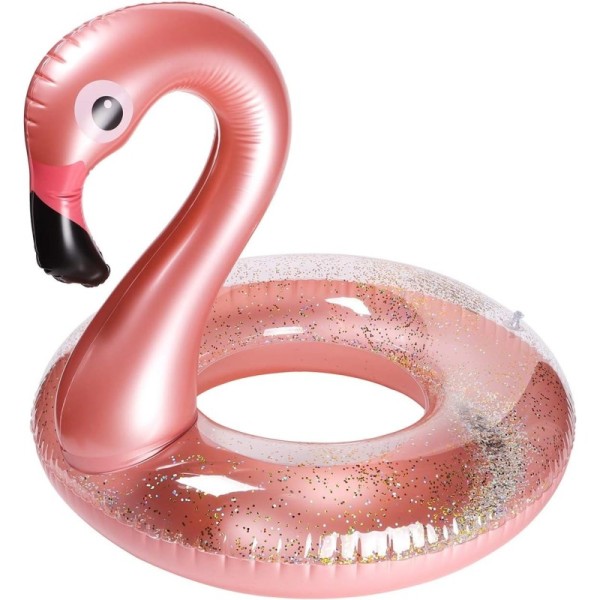 BOUÉE GONFLABLE FLAMANT ROSE PAILLETÉ Ø90CM