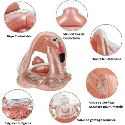 BOUÉE GONFLABLE FLAMANT ROSE PAILLETÉ AVEC AUVENT 70*75CM  - 3 BOUÉE GONFLABLE FLAMANT ROSE PAILLETÉ AVEC AUVENT 70*75CM  - 3