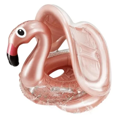 BOUÉE GONFLABLE FLAMANT ROSE PAILLETÉ AVEC AUVENT 70*75CM - 1