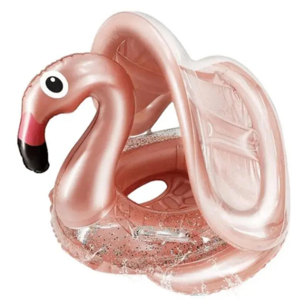 BOUÉE GONFLABLE FLAMANT ROSE PAILLETÉ AVEC AUVENT 70*75CM