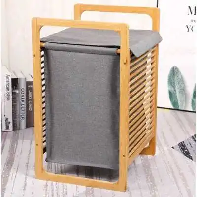 PANIER À LINGE EN BOIS AVEC SAC EN TISSU AMOVIBLE DESIGN MODERNE  - 4