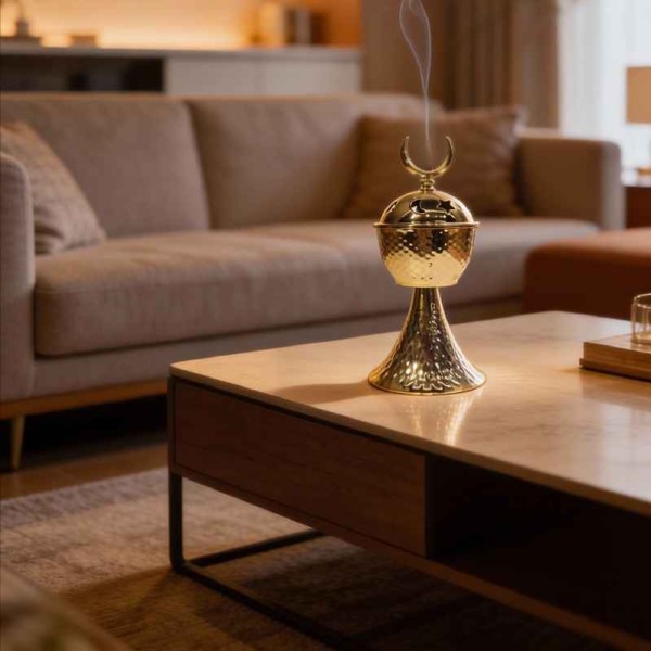 BRULEUR D'ENCENS À CHARBON EN MÉTAL DORÉ AVEC COUVERCLE