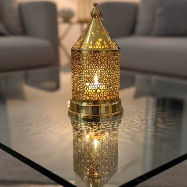 LANTERNE LED DÉCORATIVE "FANOUS RAMADAN" EN MÉTAL DORÈ 14*27CM