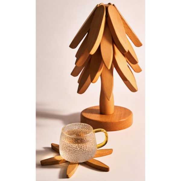 LOT DE 5 DESSOUS DE PLAT EN BOIS NATUREL PLIABLE EN FORME D'ARBRE  AVEC SUPPORT