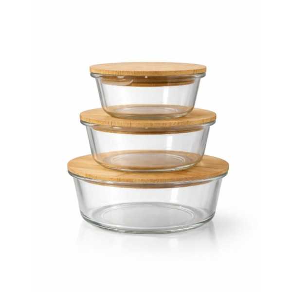 LOT DE 3 BOÎTES DE CONSERVATION RONDES EN VERRE AVEC COUVERCLE EN BOIS