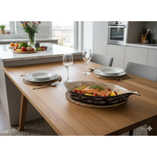 PLAT FOUR MOTIF POISSON EN CÉRAMIQUE GRAND MODÈLE