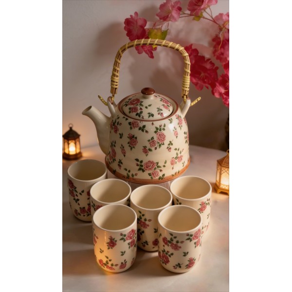 SERVICE À THÉ 7PIÉCES EN CÉRAMIQUE AVEC MOTIFS FLORAL