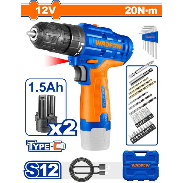 VISSEUSE PERCEUSE SANS FIL 12V AVEC 2 BATTERIES ET 32 ACCESSOIRES 20N-m WADFOW