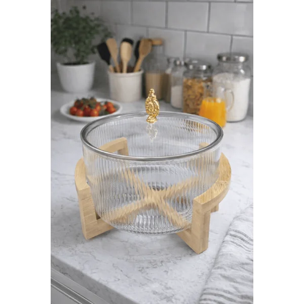 BOL EN VERRE AVEC COUVERCLE ET SUPPORT EN BOIS