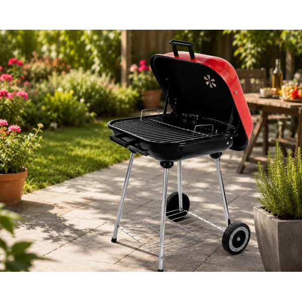BARBECUE À CHARBON MÉTALLIQUE PORTABLE SUR ROUES AVEC COUVERCLE CAMP