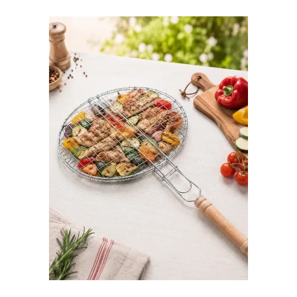 GRILLE DE BARBECUE DOUBLE RONDE Ø24CM AVEC MANCHE EN BOIS
