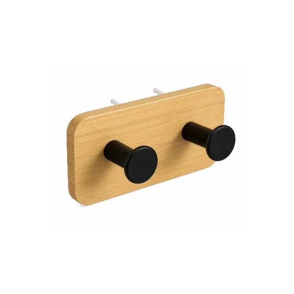 PORTE-MANTEAU DOUBLE EN BOIS DE BAMBOU ET MÉTAL NOIR ADHÉSIF